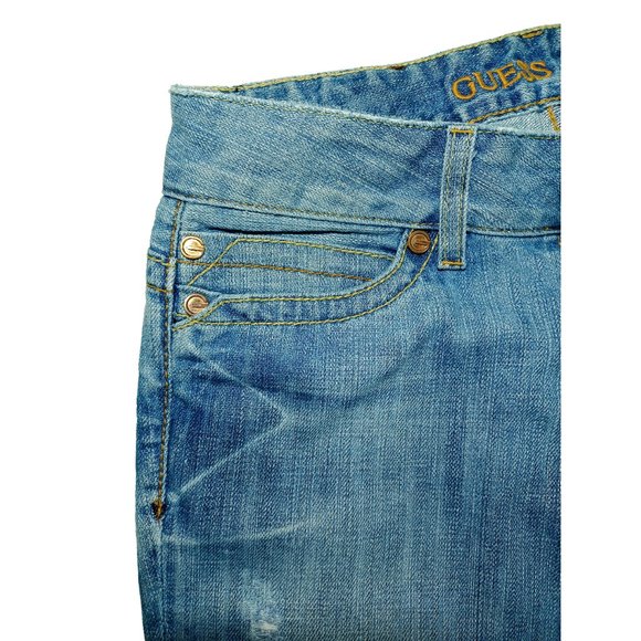 Guess Premium Light Wash Low-Rise Fringe Daredevil Boot Jeans Gold Buttons Sz 26 - Picture 5 of 13